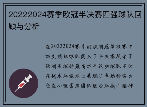 20222024赛季欧冠半决赛四强球队回顾与分析